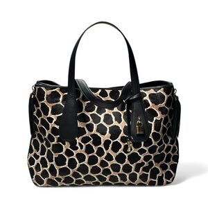 Henri Bendel Black and Tan Animal Print Pony Hair and Leather Tote Shoulder Bag